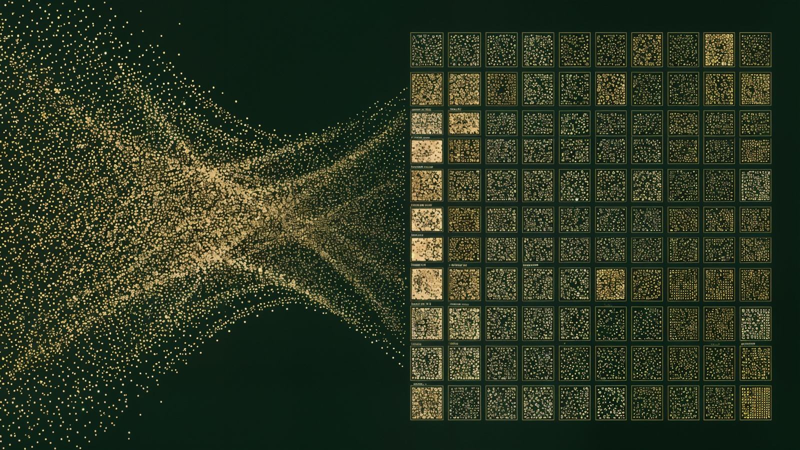 Illustration: expression data flowing into a grid of RNA QR codes